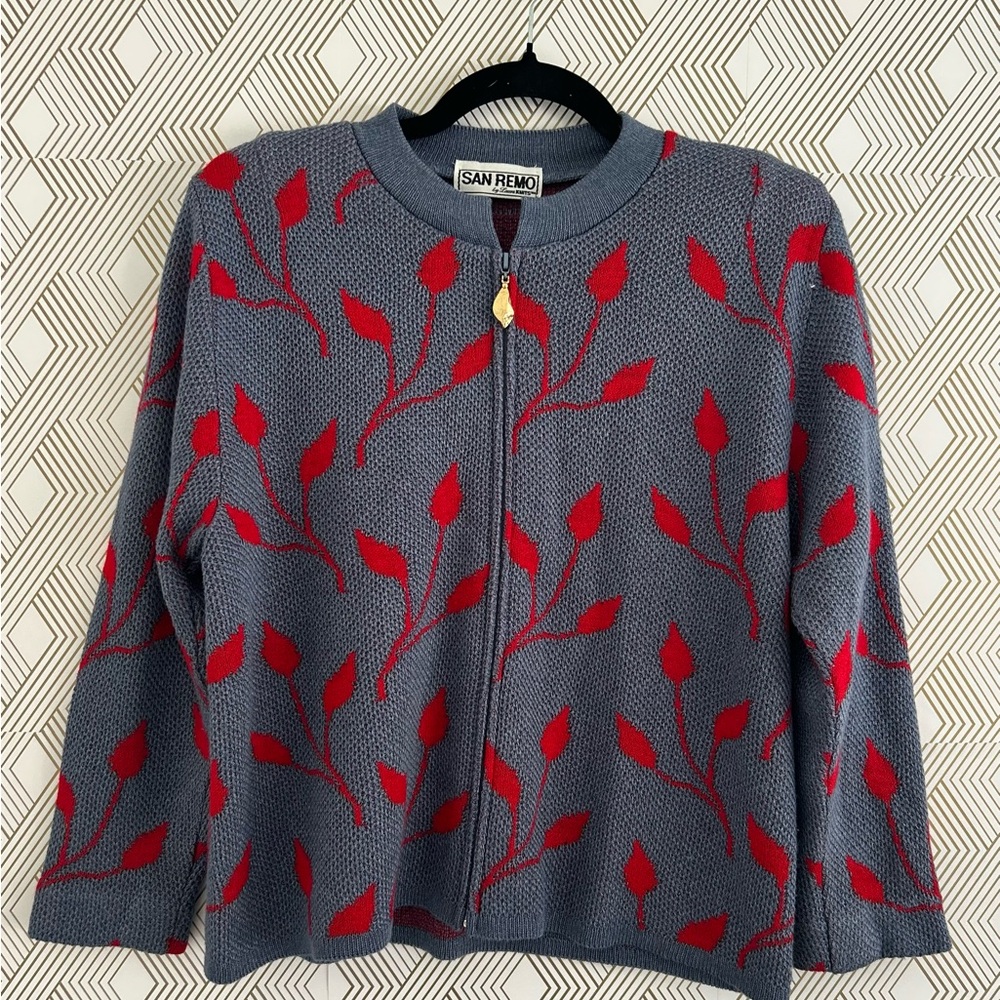 San Remo by Laura Knits Vintage Womens Red & Blue Full Zip Cardigan